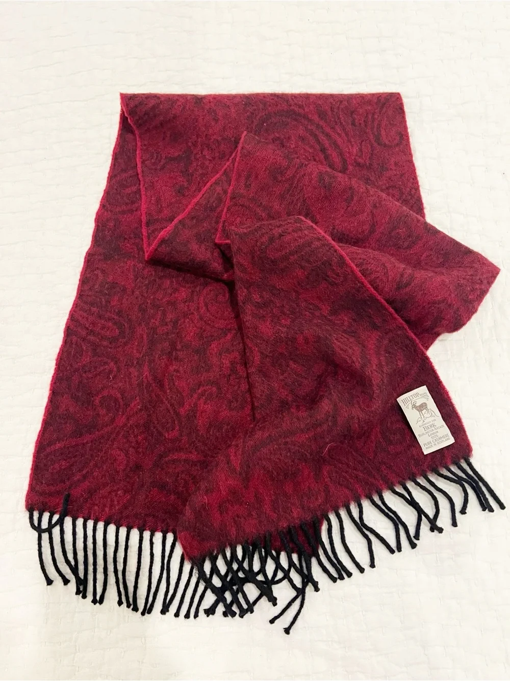 Hilltop Cashmere Scarf Red Floral Paisley Fringe Rectangular Made In Scotland